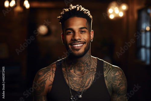 Hot handsome tattooed guy man faceart bodyart concert Generative AI photo