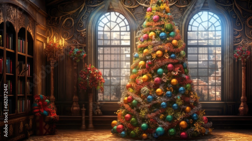 A Christmas tree adorned with colorful ornaments  setting the stage for a festive celebration.