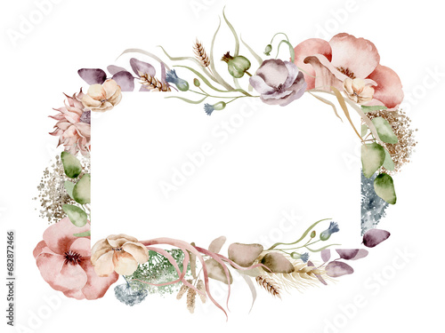 Rectangular frame made of wildflowers. Watercolor botanical frame of dried flowers on an isolated background. A hand-drawn template for greeting cards, logos and wedding invitations. photo