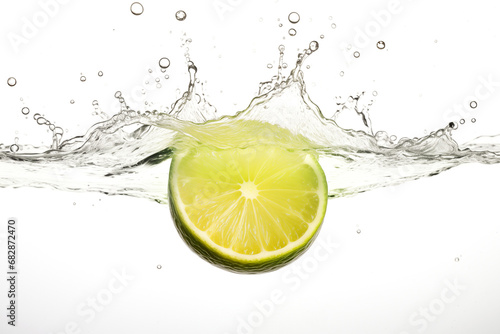 Fresh lime cut in half with water splash isolated on white background