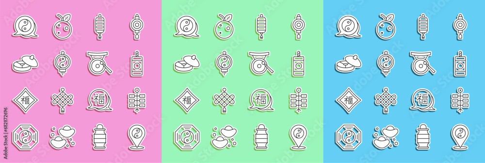Set line Yin Yang symbol, Firework, Chinese paper lantern, tea ceremony, and Gong musical instrument icon. Vector Set line Yin Yang symbol, Firework, Chinese paper lantern, tea ceremony, and Gong musical instrument icon. Vector
