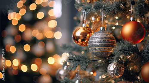 Wallpaper Mural A close-up shot of a festive holiday tree with baubles and a backdrop of twinkling lights. Torontodigital.ca