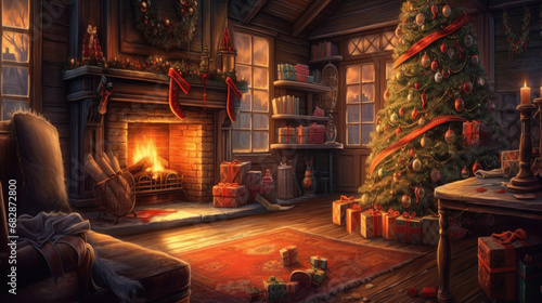 Wallpaper Mural A cozy winter scene featuring a beautifully adorned tree and gifts on the fireplace. Torontodigital.ca