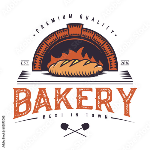Bakery , classic badge logo design, bread emblem vintage symbol. food industry hand drawing mark art, colorful.