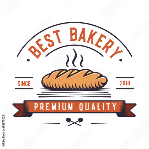 Bakery , classic badge logo design, bread emblem vintage symbol. food industry hand drawing mark art, colorful.
