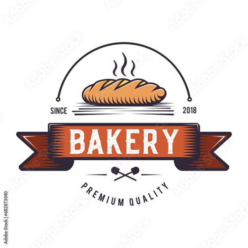 Bakery , classic badge logo design, bread emblem vintage symbol. food industry hand drawing mark art, colorful.