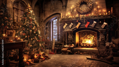 A festive holiday atmosphere with a Christmas tree and presents on the cozy fireplace.