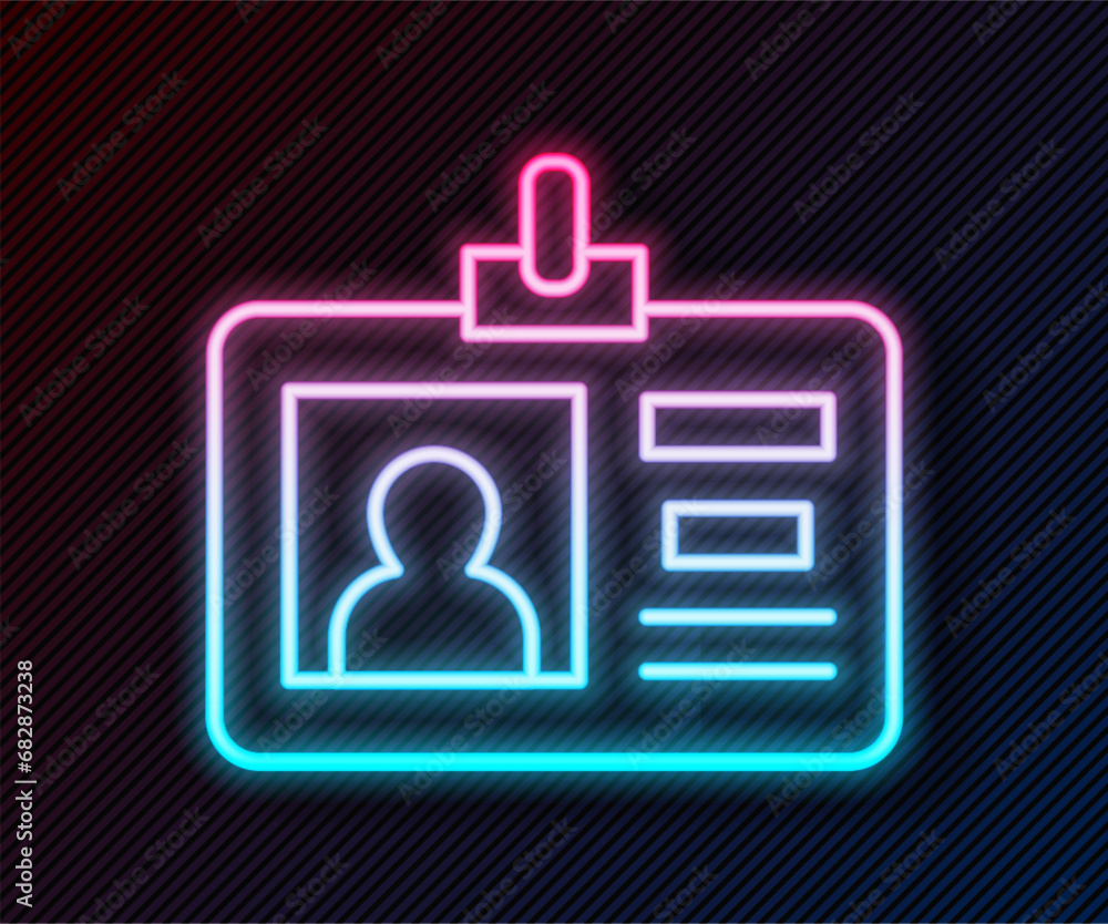 Glowing neon line Identification badge icon isolated on black background. It can be used for presentation, identity of the company, advertising. Vector Glowing neon line Identification badge icon isolated on black background. It can be used for presentation, identity of the company, advertising. Vector