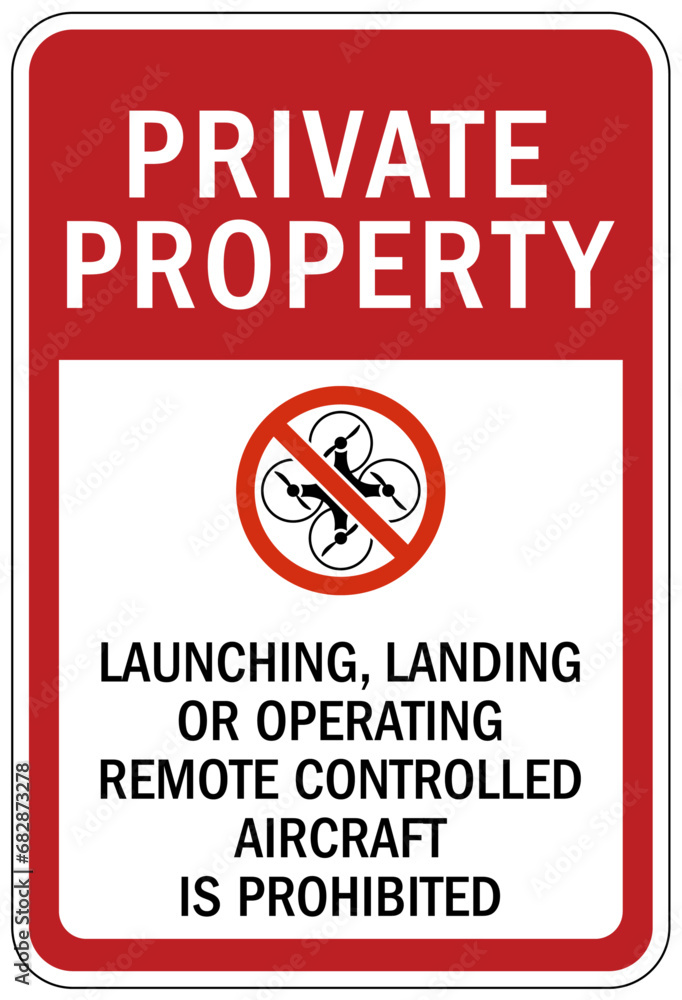 No drone warning sign private property. Launching, landing or operating remote controlled aircraft is prohibited