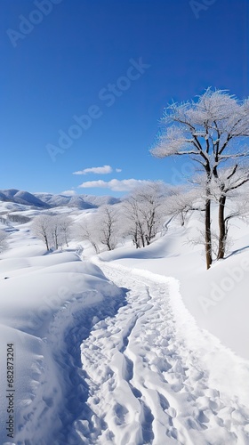 A photorealistic image of a snowy landscape with mountains ,Winter Landscape,Panaromic Image