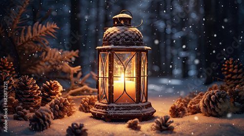 Wallpaper Mural Warm lantern glow against a snowy background with pine cones. Torontodigital.ca