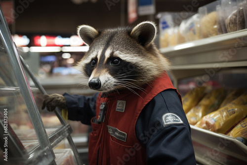 AI generated photography portrait of funny animal raccoon walking in supermarket © Tetiana