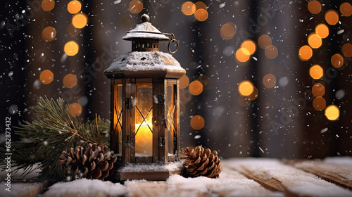 Wallpaper Mural Snowy lantern on a rustic wooden surface with pine branches. Torontodigital.ca