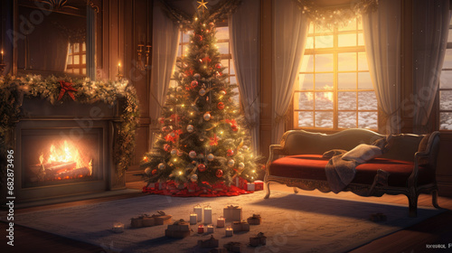 Wallpaper Mural A cozy and inviting holiday scene with a Christmas tree adorned in ornaments and bathed in shimmering lights. Torontodigital.ca