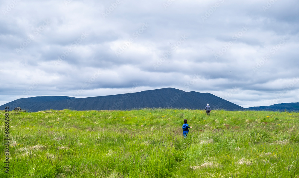 View from the South end of Mývatn Lake with Hverfjall Crater in Background, North Iceland - Europe - grass fields near Myvatn lake