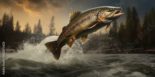 Trout jumping out of the wild lake, fishing concept