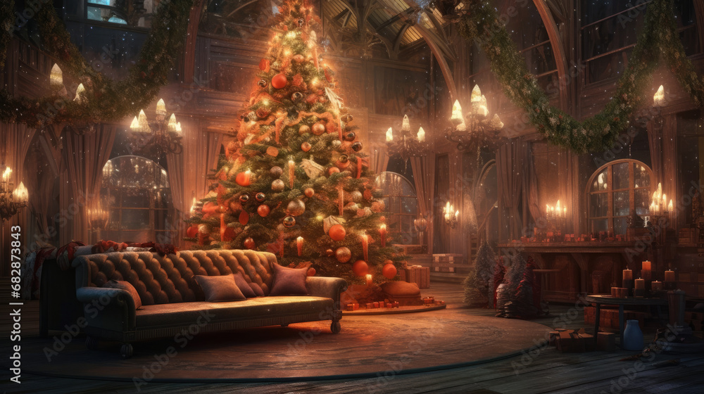 A dreamy holiday atmosphere with a beautifully decorated tree and a background of dreamy, twinkling lights.