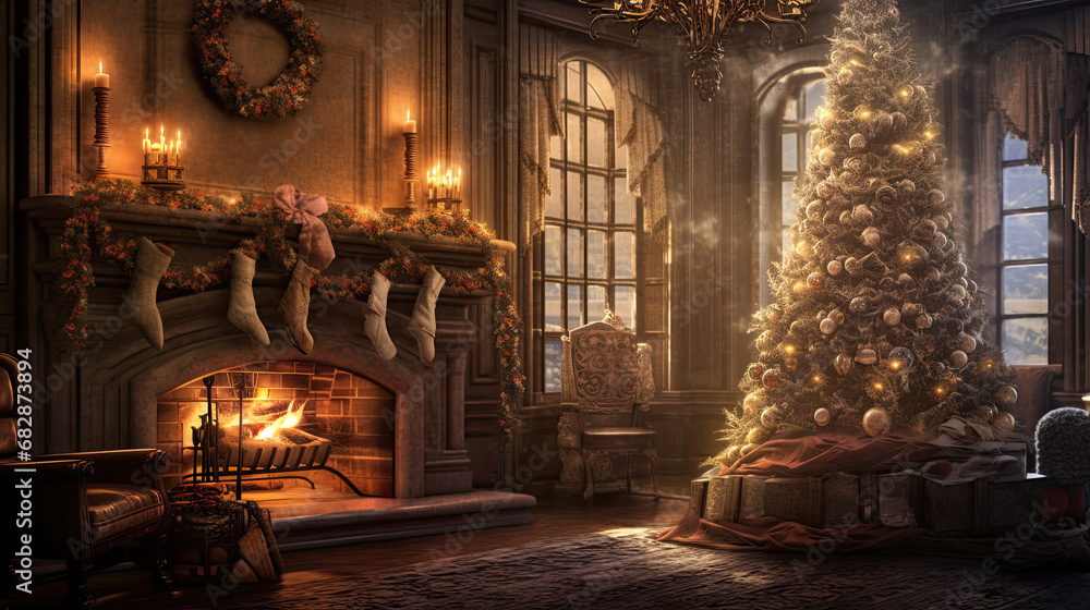 An inviting holiday display with a beautifully lit tree and stockings hung above the fireplace.