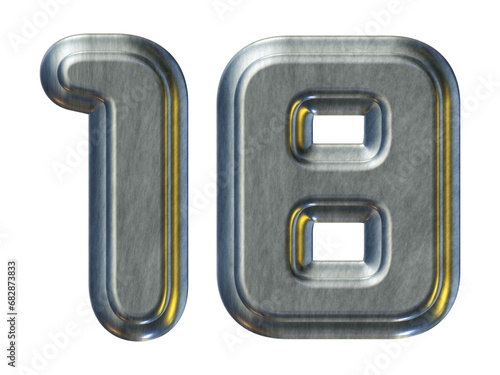 Silver metal number 18 isolated on transparent background for education concept