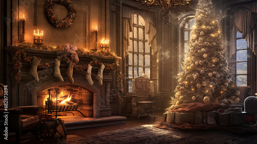 Wallpaper Mural An inviting holiday display with a beautifully lit tree and stockings hung above the fireplace. Torontodigital.ca