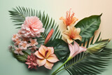 Bouquet artificial tropical flowers isolated on the light background. Flat lay.