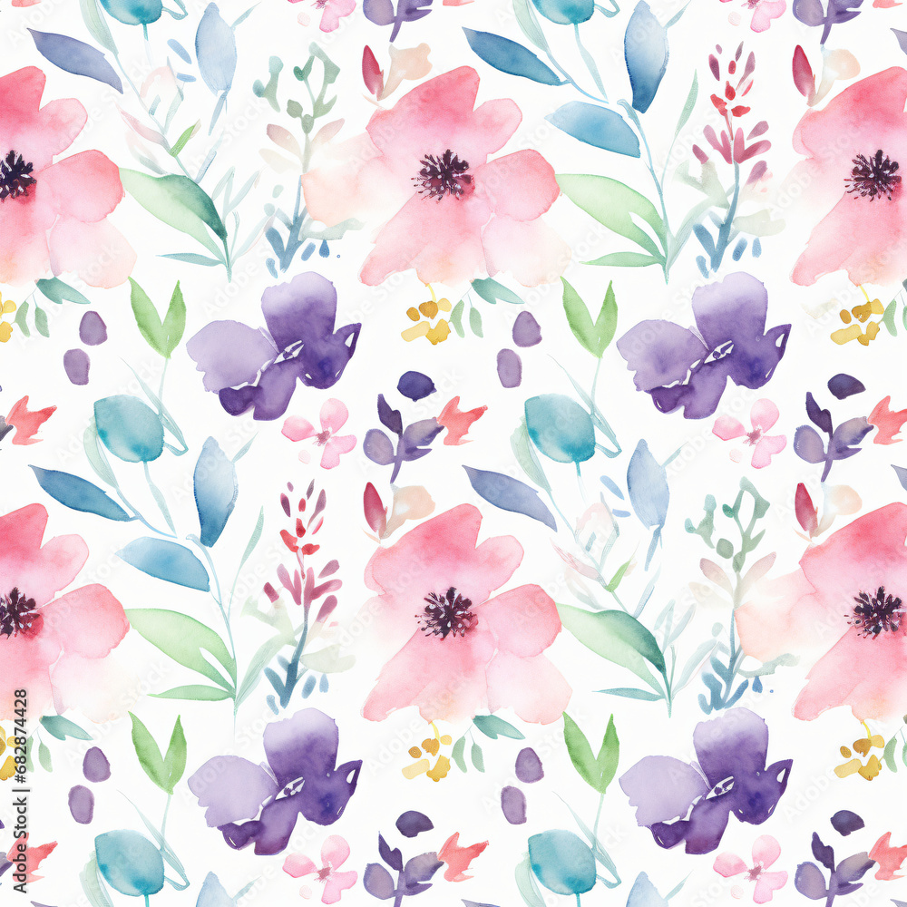 Illustration of watercolor flower clipart pattern on white background.