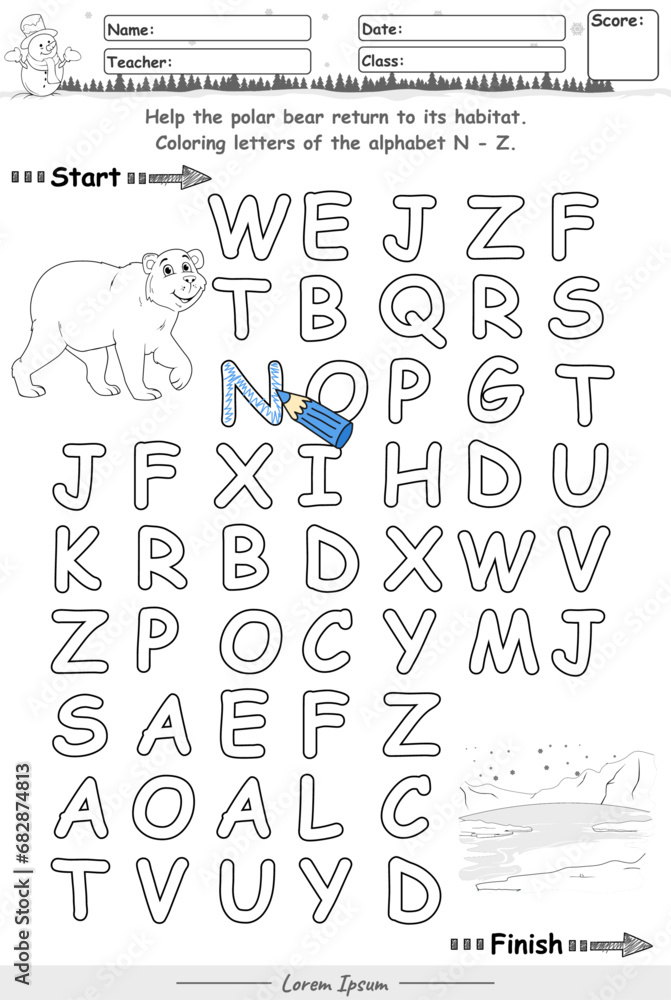 Alphabet Maze Game learning alphabet N to Z with polar bear cartoon monochrome