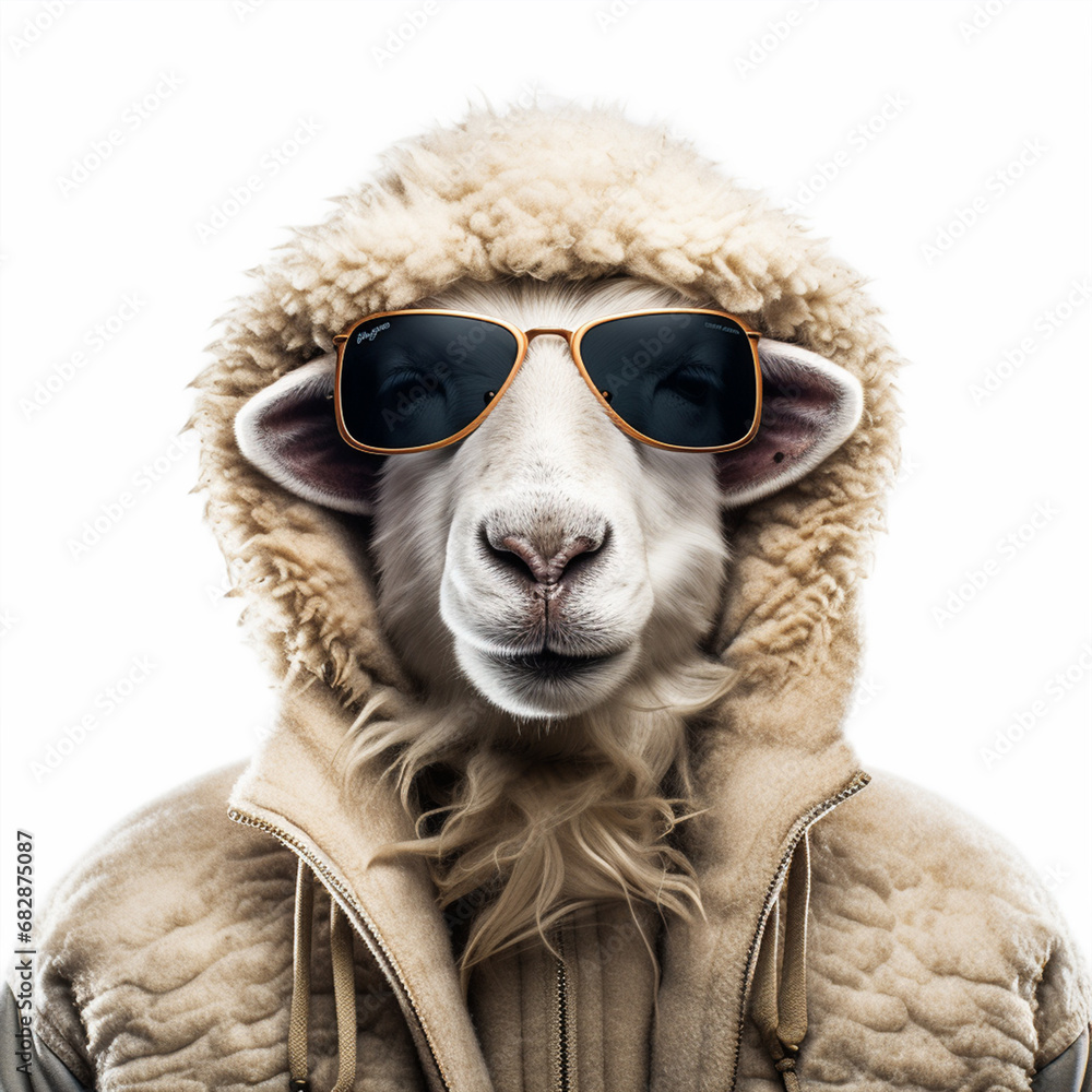Sheep head wearing sunglasses on the human body of a man wearing winter Clothes on white background, ai technology