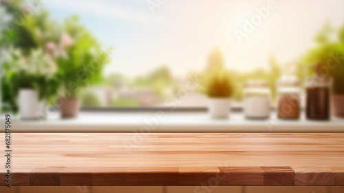 empty wood table top with blur bokeh modern background for product display