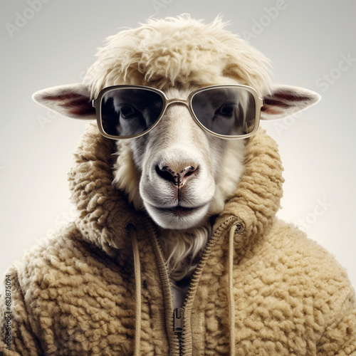 Sheep head wearing sunglasses on the human body of a man wearing winter Clothes on white background, ai technology