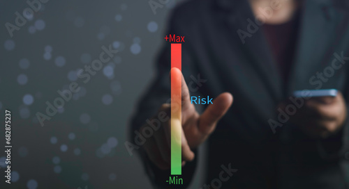 Risk management control, High and low impact for business security. Businessman touch on indicator rating chance level to increase exposure for danger financial investment, Reduction strategy.