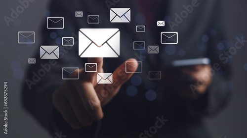 Email marketing, Send and receive email or spam inbox. Company sending many e-mails, digital newsletter to customers for business e-mail communication, digital marketing, electronic message alert. photo