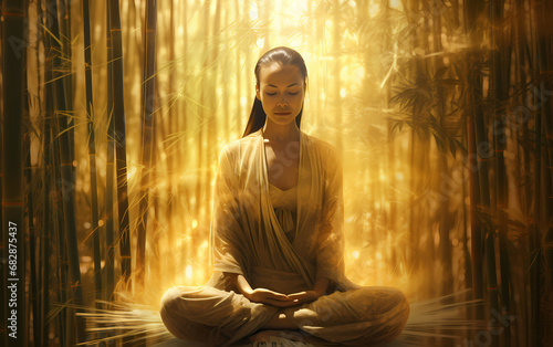 The girl is meditating in one of the yoga poses in a bamboo forest