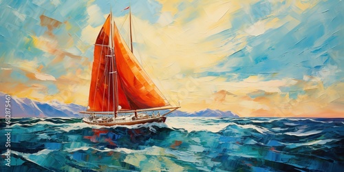 Yacht at sea during lovely summer sunset, sailing at sea