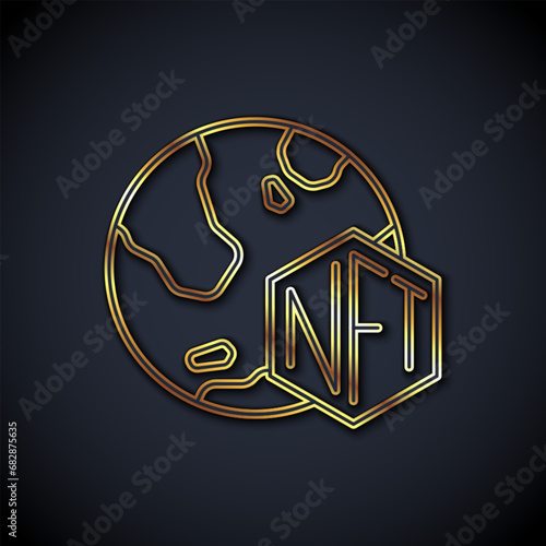 Gold line NFT Digital crypto art icon isolated on black background. Non fungible token. Vector