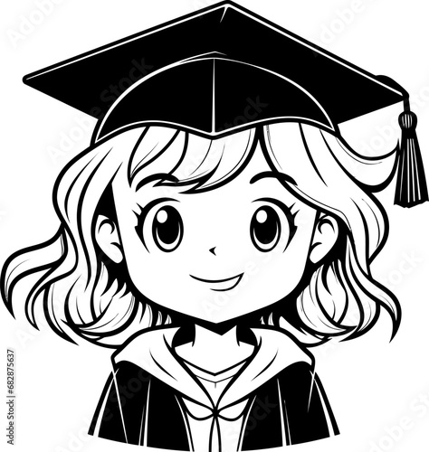 Cute girl with graduation hat silhouette icon in black color. Vector template.