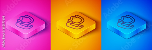 Isometric line Telephone handset with security shield icon isolated on pink and orange, blue background. Phone sign. Square button. Vector