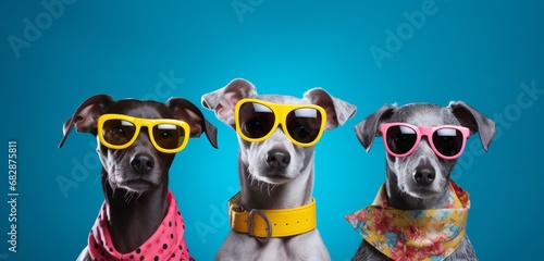 Three Dogs Rocking Sunglasses and Bandanas on a Cool Blue Background. Three dogs wearing sunglasses and bandanas on a blue background