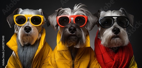 A Trio of Canine Companions in Vibrant Rain Coats on a Grey Background. A group of three schnauzers wearing colourful rain coats on a grey background