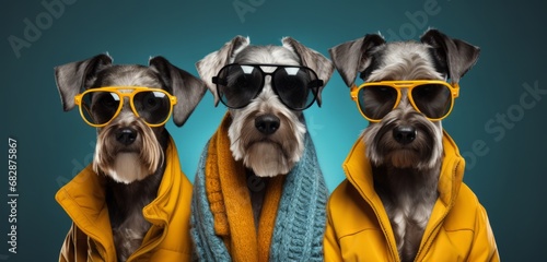 A Trio of Canine Companions in Vibrant Rain Coats on a Blue Background. A group of three schnauzers wearing colourful rain coats on a blue background photo