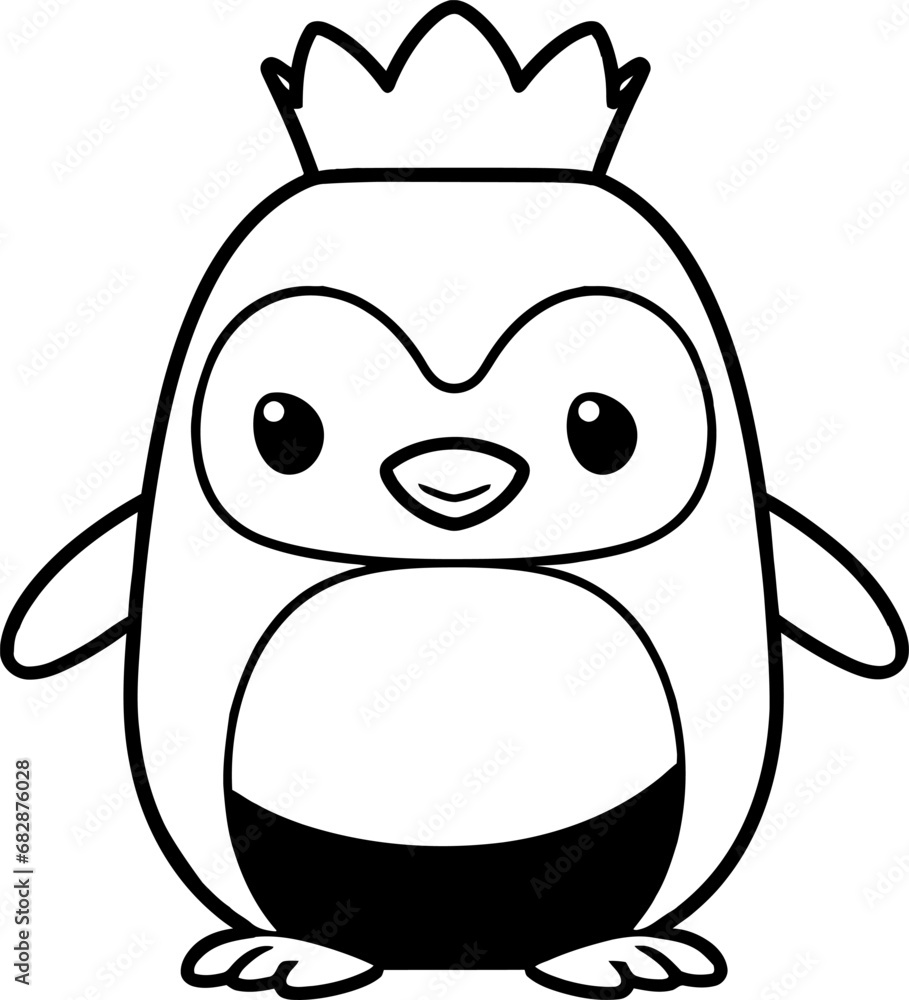Cute little penguin with crown silhouette in black color. Vector template for laser cutting.