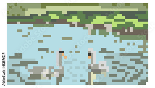 pixel art landscape with morning lake, swans, birds, gradient colors for use as a illustration of nature, template of banner tourist agency, backdrop, poster, landing page pt 2