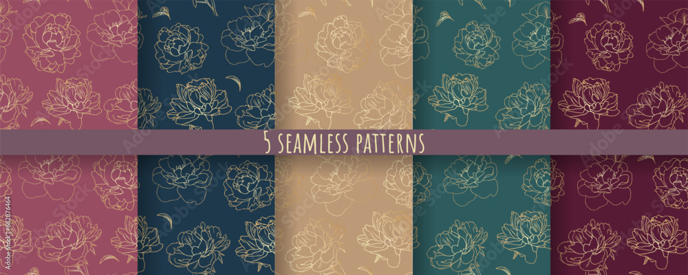 set seamless patterns of golden peonies set seamless patterns of golden peonies