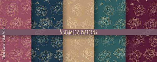 set seamless patterns of golden peonies