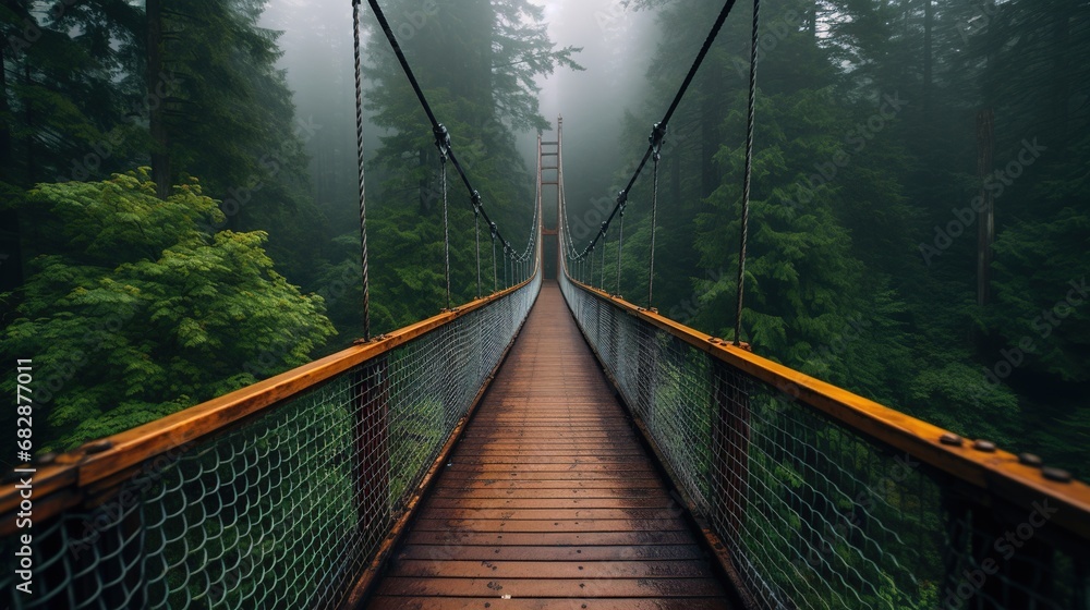 Obraz premium Generative AI, treetop boarding bridge on misty fir forest beautiful landscape in hipster vintage retro style, foggy mountains and trees.