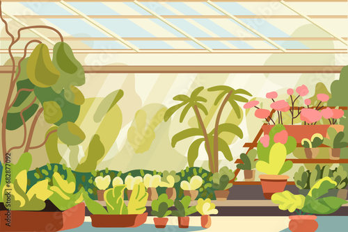 Greenhouse, garden with green trees and indoor plants. Indoor landscaping concept. Vector illustration.