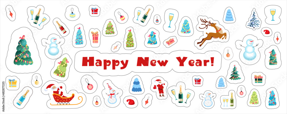New Year and Christmas stickers for print and design, cartoon. Santa with reindeer and snowman. Christmas tree decorations and lettering. Not AI, hand drawn New Year and Christmas stickers for print and design, cartoon. Santa with reindeer and snowman. Christmas tree decorations and lettering. Not AI, hand drawn