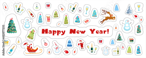 New Year and Christmas stickers for print and design, cartoon. Santa with reindeer and snowman. Christmas tree decorations and lettering. Not AI, hand drawn