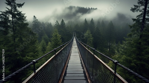 Generative AI, treetop boarding bridge on misty fir forest beautiful landscape in hipster vintage retro style, foggy mountains and trees. 