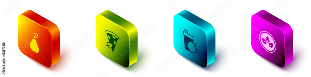 Set Isometric Pear, Vegan pizza slice, Fresh smoothie and food diet icon. Vector Set Isometric Pear, Vegan pizza slice, Fresh smoothie and food diet icon. Vector